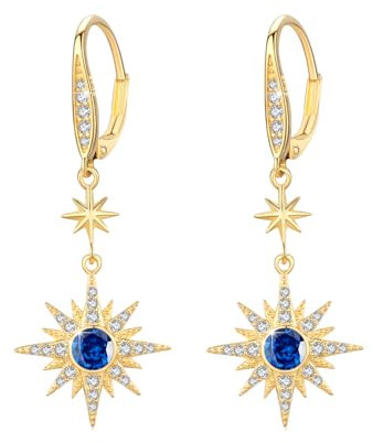 MEDWISE Stern Ohrringe 925 Sterling Silber Gold Mit Navy Blau Zirkonia Achtzackiger Hänge Schmuck für Frauen Damen Geburtstag Geschenk