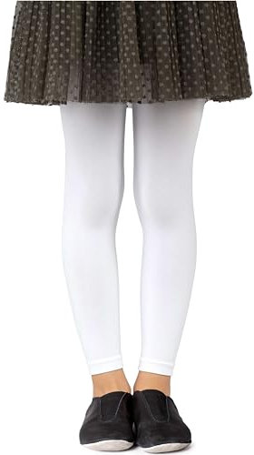 NOQ Collants sans pieds pour filles Leggings pleine longueur Cheville Long Ballet Opaque Microfibre, Bianco 12/13 ans (152/158 cm)