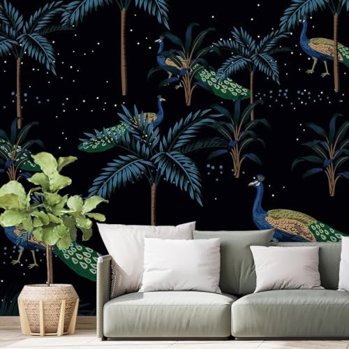 Papier peint panoramique feuilles art deco bleu paon - Made in France - 364x270