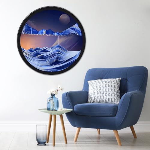 Cadre Sable Mouvant, Sablier de Relaxation 3D Verre Rond, Image d'Art en Mouvement, Peinture Qui Coule Paysage de La Mer Profonde pour la Maison, le Bureau, le Café