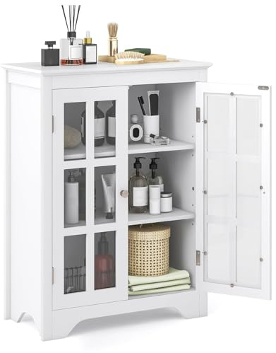 GIANTEX Armario de Baño con 2 Puertas de Cristal, Aparador de Baño de Suelo con Kit Antivuelco, Estantes Ajustables, Mueble de Almacenamiento para Salón, Baño, Comedor, Blanco