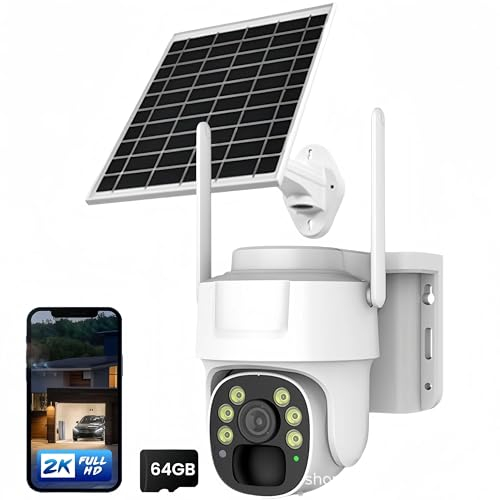Telecamera Wi-Fi Esterno con Pannello Solare Senza Fili Videocamera Sorveglianza Batteria Energia Kit Videosorveglianza, Allarme Con Rilevamento PIR 2K Visione Notturna a Colori 360°PTZ+64GB SD Scheda