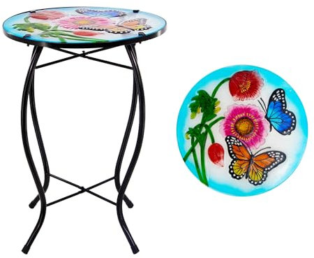 YNGFIL Petite table d'appoint ronde en verre de 30,5 cm en forme de papillon, petite table d'appoint d'extérieur, table de bar en métal pour porche, jardin, terrasse, piscine, salon