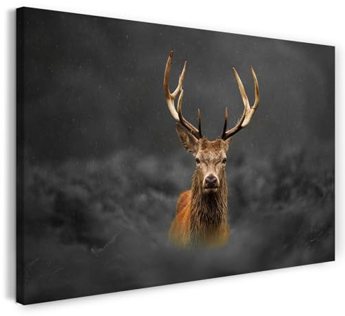 Printistico Leinwandbild (100x70cm) Hirsch mit Geweih, Tier Fotografie - Natur, Landschaft, echter Holz-Keilrahmen inkl. Aufhänger, handgefertigt in Deutschland