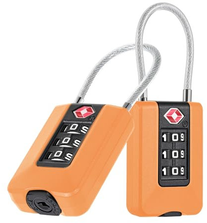 ZHEGE TSA Schloss, Koffer Schloss mit Flexible Kabel, Kabelschloss mit Weißen Zahlen, Kleines Schloss, Vorhängeschloss 3 Stellig für Koffer, Rucksack, Hostel, Schließfach, Zelt (2 Stücke, Orange)