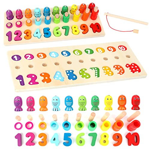 Montessori Lernspielzeug für Kinder ab 3 Jahren, 3-in-1 Holz Magnetisches Angelspiel, Zahlen & Farben Lernen, Holzspielzeug für Kleinkinder, Jungen und Mädchen