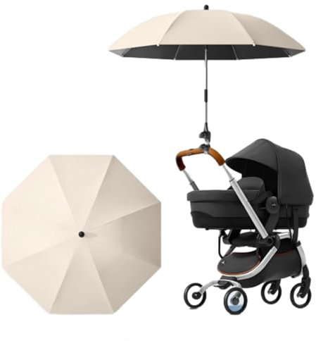Parasol universal UV para cochecitos y cochecitos 2024 con clip en el cochecito de bebé, sombrilla con abrazadera de fijación ajustable (beige-85 cm)