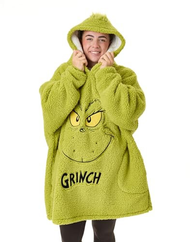 The Grinch Coperta indossabile Oversize per Adulti Grinch | Pullover con Cappuccio Natalizio Ricamato in Morbido Sherpa in Pile da Uomo e da Donna | Abbigliamento da casa stagionale