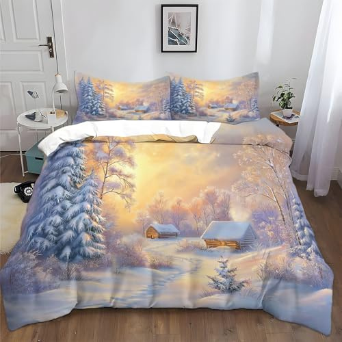 Generisch Bettbezug-Set 135x200cm Ölgemälde Im Landhausstil Winterlandschaft Bettwäsche 3 Teilig Set mit Reißverschluss, Weich Microfaser Baumwolle Bettbezug mit 2 Kissenbezug, für Ganzjahres