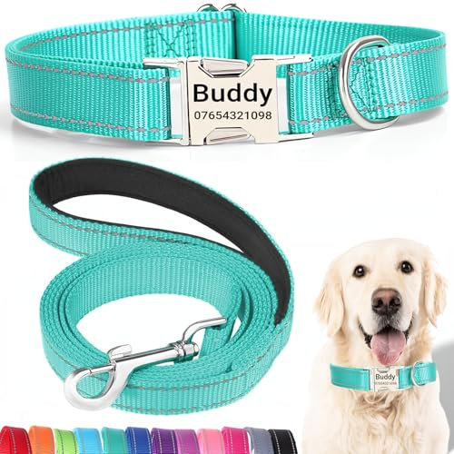 SEOUGEE Personalised Dog Collar and Lead Set with Engraved Metal Buckle, Reflective Nylon Dog Collars and Leash for Large Dogs with Custom Name Plate Phone Number (Dark Green Set, L:Neck 40-60cm)