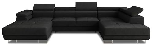 Wohnlandschaft Caris U mit Schlaffunktion und einstellbare Kopfstützen, Ecksofa mit Zwei Bettkästen, Couch, Sofa, Bettsofa (Schwarz (Kronos 07), Ecksofa Links)
