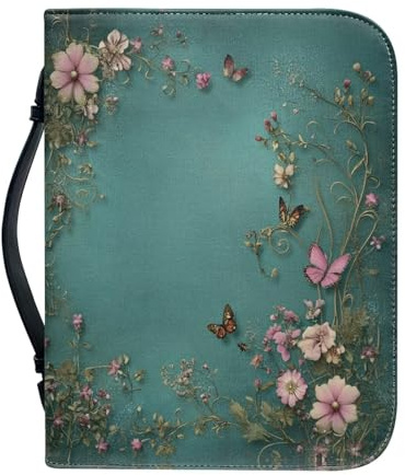 Ceudet Étui de bible en cuir avec une housse de bible en cuir avec poignée et fermeture éclair pour études de la Bible, cadeaux catholiques, Fleurs roses bohème et papillons colorés, M