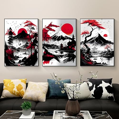 IUNTWEIE Affiche de paysage japonais, Temple japonais en automne Noir/blanc Tableau Art imprimé Décoration murale Mural Salon Décoration, sans cadre (B, 60x90cm*3)