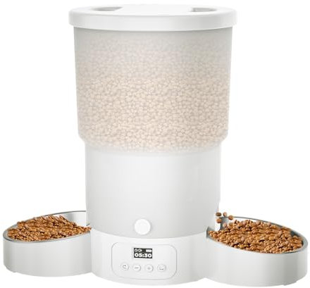 Gimars 5L Comedero Gato Automatico 2 Cuencos Inoxidables, Fácil De Configurar, Temporizador Programable 1-6 Comidas al Día Dispensador Comida Gatos y Perro en Diseño Sellado, Grabación Voz 10s