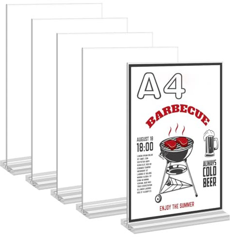 MOPLA 5 Présentoirs de Table A4 en T,Support Menu en Acrylique,Présentoir de Table Acrylique avec Base,Présentoir pour Cartes de Menu,Support plexi A4 Pour Hôtel,Restaurants, Menus