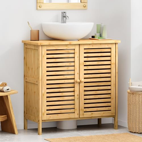 SogesPower Meuble de lavabo en bambou avec portes et étagères, meuble bas pour lavabo, salle de bain, meuble de salle de bain en bambou