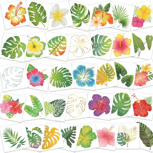 HOWAF 72 Palmenblätter Temporäre Tattoos Hibiskusblüten Tattoo, Glitzer Hibiskus Blumen Aufkleber Fake Tattoo Sticker Tattoos Erwachsene für Hawaii Deko Hawaii Party Deko Mitgebsel Kindergeburtstag