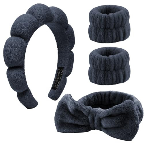 4 Stück Haarband Kosmetik,Spa Stirnband Make Up Schwamm Set Damen, Hautpflege Stirnband Waschen Gesicht Wristband Set Für Frauen Schönheit Mädchen Yoga Sport Dusche Make-up-Entfernung (Schwarz)