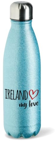Huuraa Glitzer-Trinkflasche Ireland my love, Blue, 500 ml | Isolierflasche aus Edelstahl als Geschenk für Fans von Ireland.