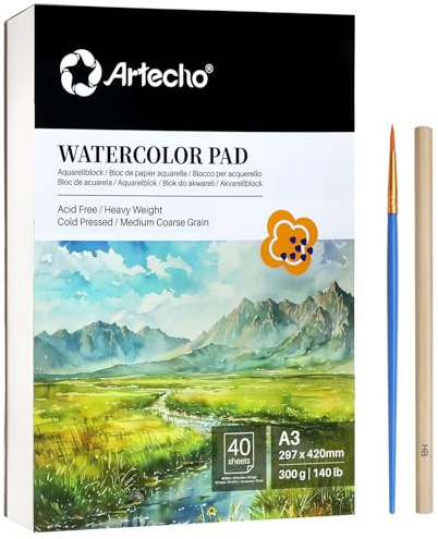 Artecho Aquarellpapier A3 300g 40 Blatt mit Aquarellpinsel und Bleistift, Weiß Aquarellblock 42×29.7 cm, Malblock für Aquarell, Acryl, Zeichnen, Malen.