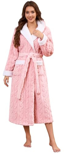 UMIPUBO Donna Accappatoio Lunga Vestaglia Invernale Morbido Pile Accappatoio con Cappuccio Calda Vestaglia da Camera Accappatoi con Cintura e 2 Tasche Loungewear per Piscina Casa Bagno (Rosa, S)