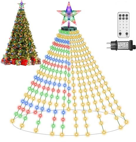 Weihnachtsbaum Lichterkette mit Stern, Mehrfarbige & Warmweiße LED Weihnachtsbeleuchtung Außen mit 11 Modi Timer Fernbedienung, Lichterketten Tannenbaum für Innenhof, Garten, Valentinstag, Ramadanfest