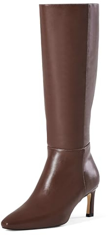 GENSHUO Stivali al Ginocchio Donna con Tacco Kitten 5 cm, Punta Squadrata, Zip Laterale, Eleganti e Comodi per Autunno Inverno, marrone, 41 EU