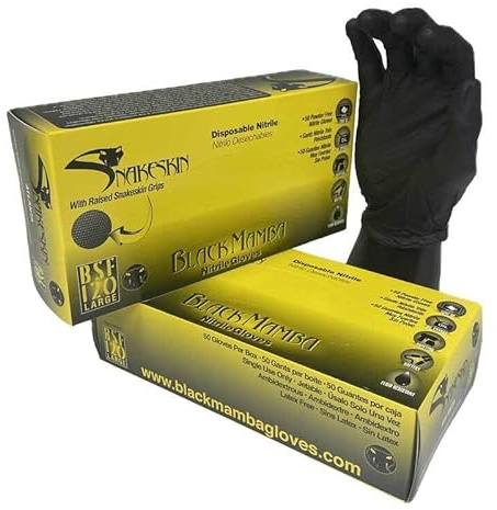 BLACK MAMBA SNAKESKIN Industrial Strength Nitrile Gloves | Powder and Latex Free | Diamond Textured Raised Grip | 8 mil Thickness | Pack of 50 (XL)