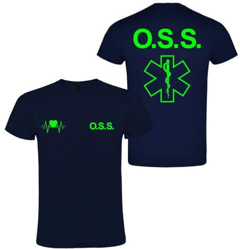 T-shirt in cotone adatto per OSS 118 soccorso con stampa fluo fronte e retro NM (Blu Navy, M)