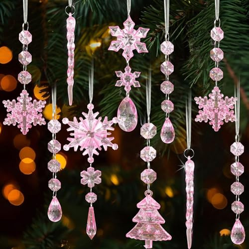 Weihnachtsbaumschmuck, 18 Stück Kristall Christbaumschmuck Anhänger, Acryl Schneeflocken Eiszapfen Deko Weihnachtsbaum Anhänger, Weihnachtsbaum Deko Rosa für Weihnachten Dekoration Party Winter
