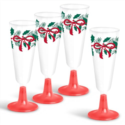 OH YEAH - 4 Unidades - Copa Cava Plástico Reutilizable Navidad All I Want - 150 cc - Platos, Vasos, Servilletas y Mantel - Decoración Mesa Navideña - Diseño Acebo y Lazos Rojos - Celebraciones Navidad