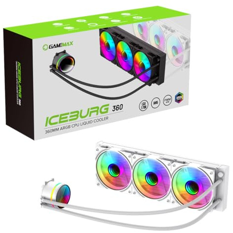 GameMax Iceburg 360mm ARGB CPU Liquid Cooler, AIO Cooler 360mm CPU Water Cooler For Intel & AMD, 3 x 120mm ARGB Infinity PWM Fans, 800 to 2000RPM & Infinity Mirror Rotatable Cap Design | White