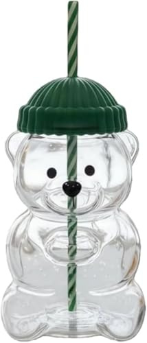 New Bear Straw Cup – 2025 Cute Bear Plastic Cups with Lids and Straws, Clear Bears Cups Plastic Mug, Material Safe and Usable, Bears-Shaped Cup, Suitable for Coffee, Wine and Beverages (Green)