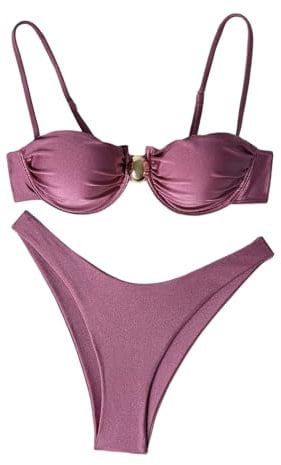 SHENHE Women's 2 Piece Swimsuits Underwire High Cut Cheeky Bikini Set Bathing Suits Dusty Pink Large