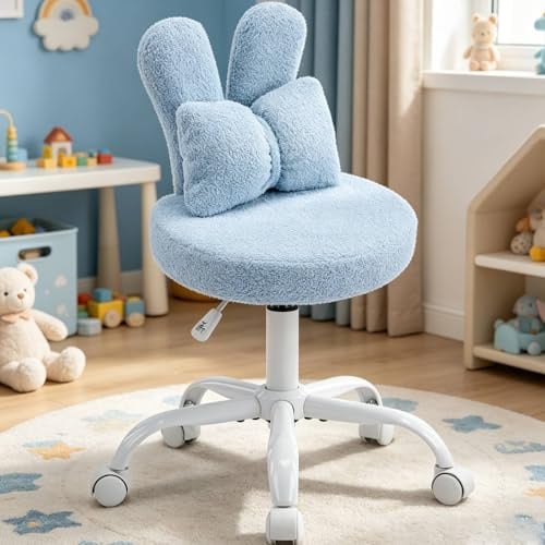LEADZM Homeoffice Stuhl, Schminkstuhl, Kinder Schreibtischstuhl Hellblau | für Kinderzimmer kinderschreibtischstuhl Jungendstuhl ohne Armlehne Drehstuhl für Kinder,Teddyplüschstoff