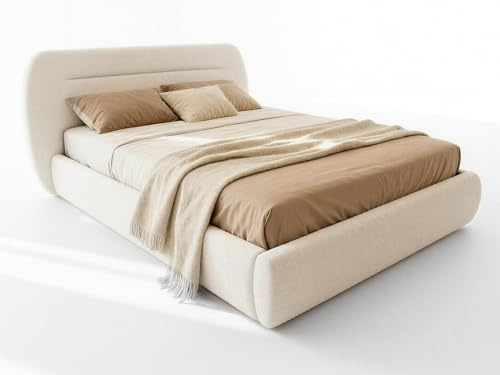 Sofnet Polsterbett Orio - Bettkasten mit Gasdruckfedern - Doppelbett mit Lattenrost, Bett mit Polsterkopfteil, Bettgestell, Schlafzimmer, Bouclé-Stoff (140 x 200 cm, Weiß (Coral 70))