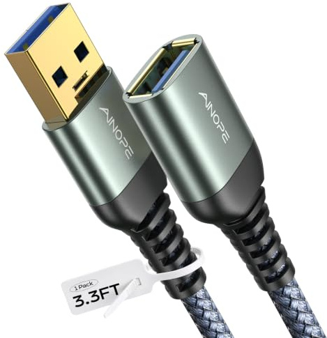 AINOPE USB Verlängerung USB A Verlängerungskabel 3.0 Kabel Verlängerung mit Alluminiumsteckern, Langlebiges Nylongeflecht für Kartenlesegerät,Tastatur, Drucker, Scanner, Kamera, 1M, Silbergrau