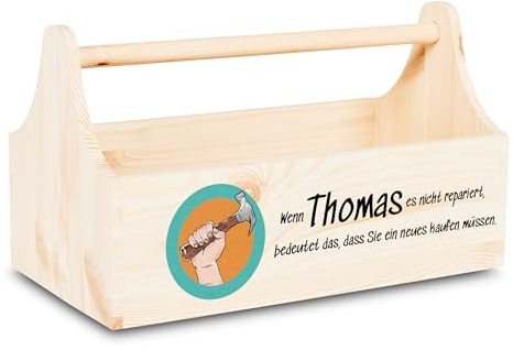 Pinus Werkzeugkiste personalisierbar 34x18x20,5 cm mit Griff Naturholz | Kiefernholz, Wunschtext Name Beschriftung, offene Form, für Werkzeug DIY Werkstatt, stabiler Tragegriff