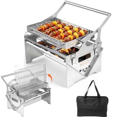 Barbacoa de gas y carbón, barbacoa de carbón de madera portátil y plegable con rotación 360°, barbacoas de acero inoxidable, barbacoas de camping para picnic al aire libre, jardín, terraza