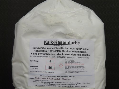 Kalk-Kaseinfarbe. Keine konservierende o. synthetische Zusätze. Schimmelhemmend. 4kg bis 86qm
