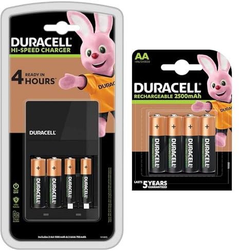Duracell - Caricabatterie per Pile AA e AAA, con 2 Pile AA Standard e 4 Pile AA Ricaricabili Pre-caricate