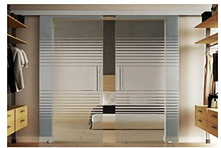 Glastür zum schieben mit 2 Scheiben in jeweils 77,5x205 cm in ESG-Milchglas mit Lamellen-Dessin (L) Levidor-System komplett. Laufschiene und Stangengriffen, Schiebetür aus Glas für Innenbereich