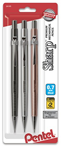 Pentel Sharp Mechanical Pencil, (0.7mm), Medium Line, Metallic Barrel, Assorted Colors, Pack of 3 (P207MBP3M)