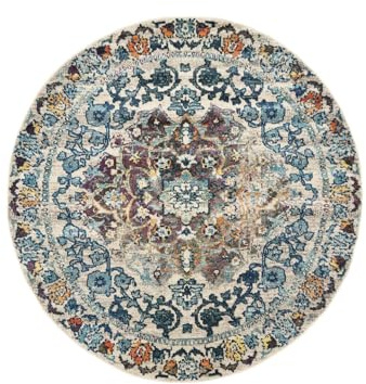RugVista Cheverny Teppich, Ø 200 cm, Blau / Cremeweiß | Orientalische, Rund, Niedriger Stapel, Nur chemische Reinigung, Oeko-Tex 100