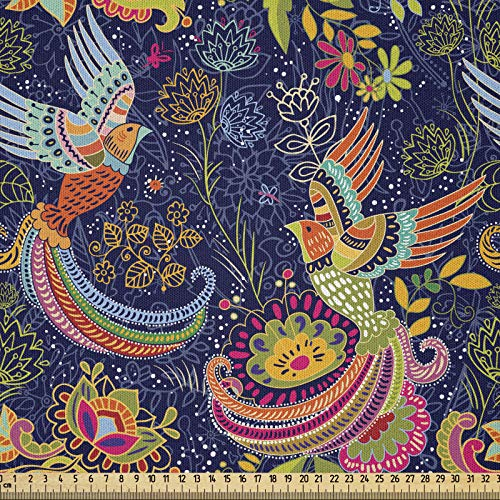 ABAKUHAUS asiatisch Stoff als Meterware, Cartoon-Stil Vögel Punkte, Microfaser Multi Zweck Dekostoff für Kunsthandwerke, 3M (230x300cm), Mehrfarbig