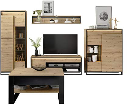 Mirjan24 Wohnzimmer-Set Quant III, TV-Lowboard Wandregal Couchtisch 2X Vitrine Wohnwand Anbauwand (Eiche Artisan/Eiche Artisan + Schwarz)