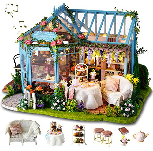 GuDoQi Kit de Maison de Poupée Miniature Bricolage avec Musique, Boutique de Jardin de thé à la Main avec des Meubles, Kits de Modèles Artisanaux pour Femmes et Collectionneurs à Construire
