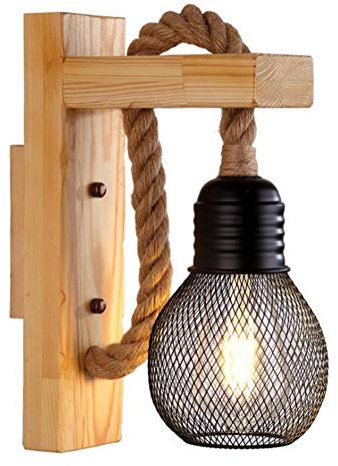 Icole E27 Lampada da parete in legno di stile industriale con corda di canapa per soggiorno, comodino, corridoio bar (lampadina inclusa)