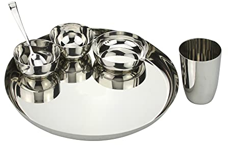 Stainless Steel Thali Dinner Set Indian 6PC Thali Lunch Dinner Traditional Serving Set with Thali Plate Small Plate Bowls Katori Spoon Tumbler, Round (29cm - Plain Design)