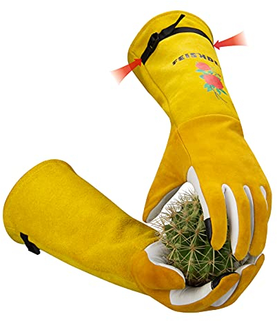 FEISHDEK Guantes de jardinería para mujer, guantes de rosas, resistentes a espinas, con pantalla táctil y resistentes a pinchazos, guantes largos de trabajo de piel con protección completa contra